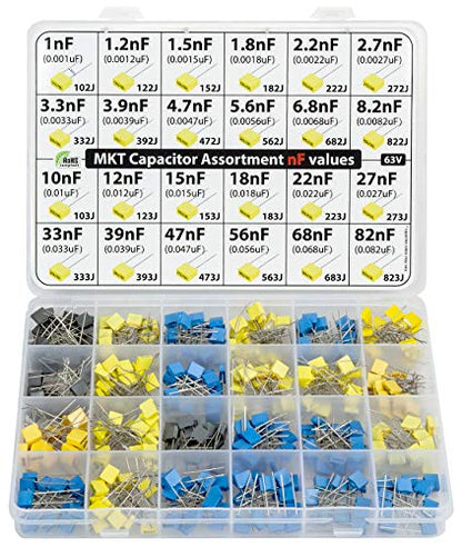 nF Values - MKT Polyester Box Capacitor Kit Assortment 350 pcs 24 Values 63V, All nF Values, 1nF, 1.2nF, 2.2nF, 2.7nF, 3.3nF, 4.7nF 10nF, 12nF, 15nF, 18nF, 27nF, 33nF, 39nF, 47nF, 56nF, 68nF, 82nF