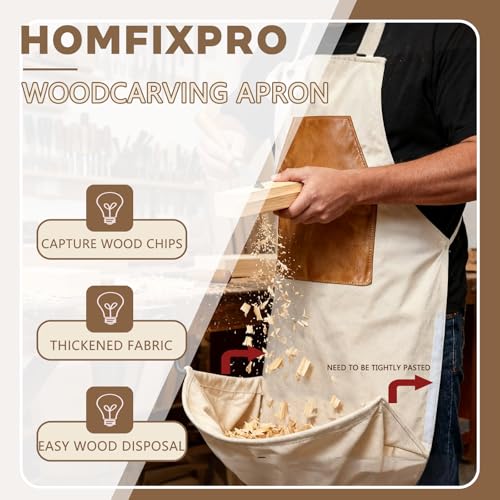 Woodcarving Apron-Work Apron with Brown Leather Chest Patches, Tool Pocket - color: Brown
