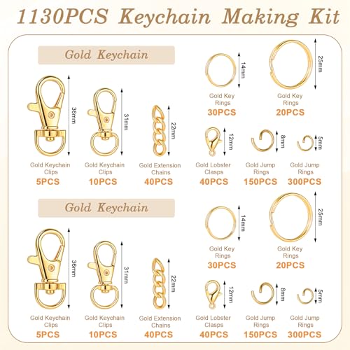 BESARME Keychain Making Kit, 1130Pcs Jump Rings & Clasps, Gold - color: Gold
