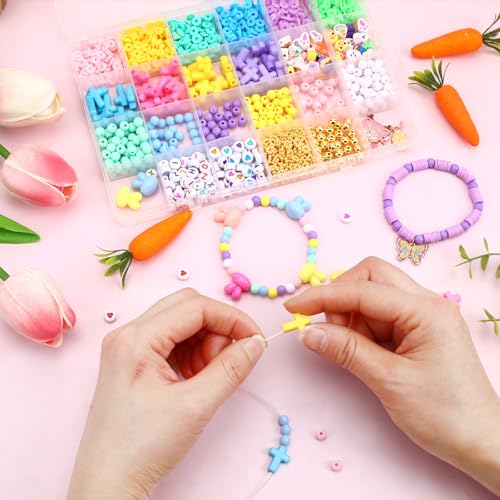 UPINS 2100+ Easter Beads for DIY Bracelet Making Jewelry Crafts Keychains - color: Pink Yellow Blue Purple Green