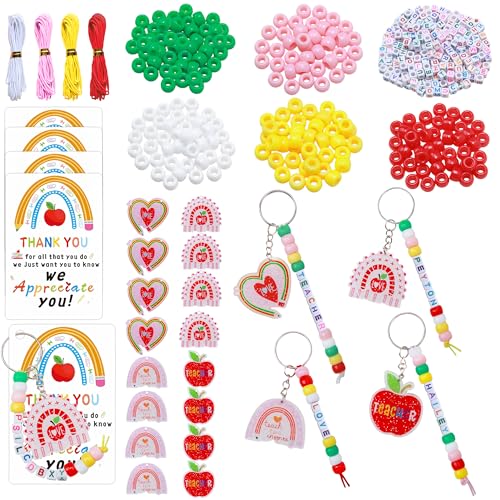 Tuhangcc Unique Design 16 Sets Teacher DIY Charm Bead Keychain Kit with 10 A-Z Letter Beads 16 Charms & Greeting Card for Teacher Day Gift (Teacher's Day) - color: Teacher's Day