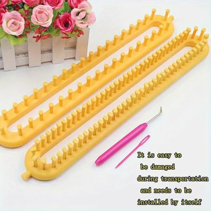 Dense Teeth Rectangle Knitting Looms，Plastic Weaving Looms Set，Weaving Loom，Scarf Hats Making Tools，DIY Crocheting Handmade Craft Kit with a Crochet Hook and Needle for Knitting Lovers，36 cm (Yellow) - size: Rectangle,36cm,Close Pegs
