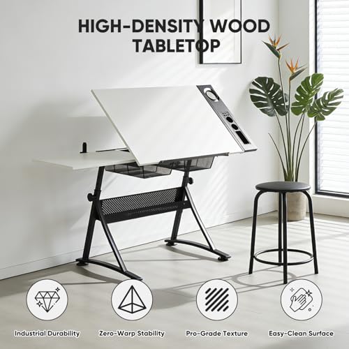Magshion Drafting Table for Adults w/Stool, White - color: White & Black