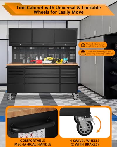 75" Tool Chest Tool Box, Heavy Duty Tool Chest Cabinet with 15 Drawers and 3 Upper Cabinets Combination Tool Cabinet, Large Tool Bench Organizer with Wood Top and Pegboard for Garage, Black - size: 72 in wIth 15 Drawers