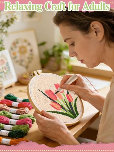 Punch Needle Kit Adults Beginner, Step-by-Step Guide & Video - color: Pink Tulip