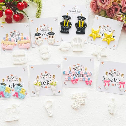 Graduation Polymer Clay Cutters Set - 9pcs Sharp & Durable Class of 2026, Grad, Owl, Cap, Gown, Cake & Star Shapes for DIY Earring Jewelry Making, Soft Clay Crafts & Class Party Supplies - color: 2N color