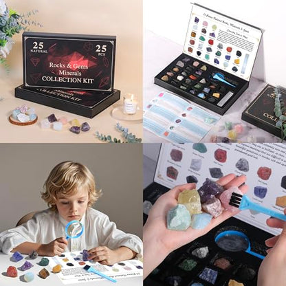 Rock Collection for Kids, 25PCS Crystal Gem Mineral Collection Set Box Gift for Boys and Girls, Natural Gemstone with Learning Guide Education Set