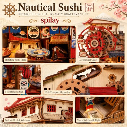 Spilay 3D Wooden Puzzle for Adults, Mechanical Wood Model Building Kit - color: Nautical Sushi