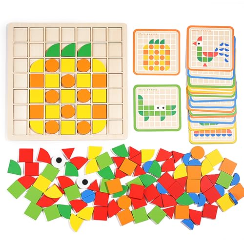 Wooden Pattern Blocks Set 120 Pcs Geometric Shapes Puzzle Classic Montessori Educational Tangram Toys with 24 Design Cards for 4-8 Year Old Kids