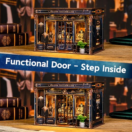 DIY Miniature Dollhouse Kit with LED Light, 3D Wooden Puzzle Book Nook Kit for Adults and Teens, Creative Tailor Shop Model Kit to Build, Home Decor Hobby Gift (Golden Section Line) - style: Golden Section Line