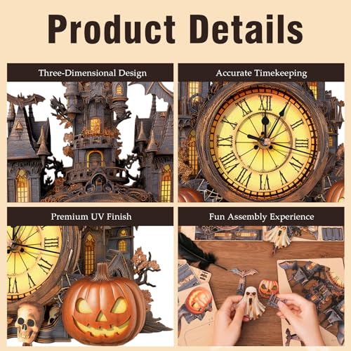 3D Puzzle for Adults Clock, Halloween Hut Clock Design Model Kit - color: Halloween Hut