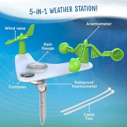 Thames & Kosmos Weather & Climate Lab STEM Experiment Kit, 5-in-1 Meteorology Station w/Wind Vane, Compass, Rain Gauge, Anemometer & Thermometer for Ages 6+, Includes Stake for Outdoor Use