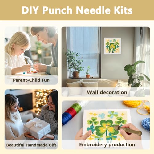 DOODLREAM Shamrock DIY Punch Needle Embroidery Kit for Adult Beginner, 9.4" Clover St. Patrick's Day Punch Stitching Craft Set for Starter with Frame,Fabric Pattern,Threader, Yarn, Pinch Needle - color: Shamrock