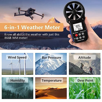HoldPeak Handheld Anemometer Barometer, Weather Meter for Wind Speed, Temperature, Humidity, Dew Point, Altitude, Barometric Pressure, Wind Chill Measuring, Digital Wind Guage 866B-WM - color: 866B-WM (1 PC)