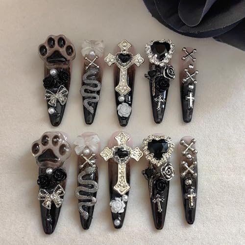 CTRLZTEAM Y2K Gothic Stiletto Press on Nails Pink and Black Grunge 3D Nails - color: Black Dusty Pink, size: S