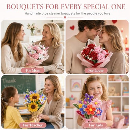 YYAWWNE 800 PCS Pipe Cleaners Flower Kit, 13 Colors Chenille Stem, with Handle, Packaging Paper and Ribbon Decoration and Instruction, DIY Bouquet Art Supplies, Art and Craft Supplies