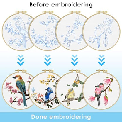 ERKOON 4 Sets Embroidery Kit for Beginners,Hummingbird and Flower Cross Stitch Set for Include Embroidery Cloth Hoops Threads for Craft Lover Hand Stitch (Flowers and Birds) - color: Flowers and Birds
