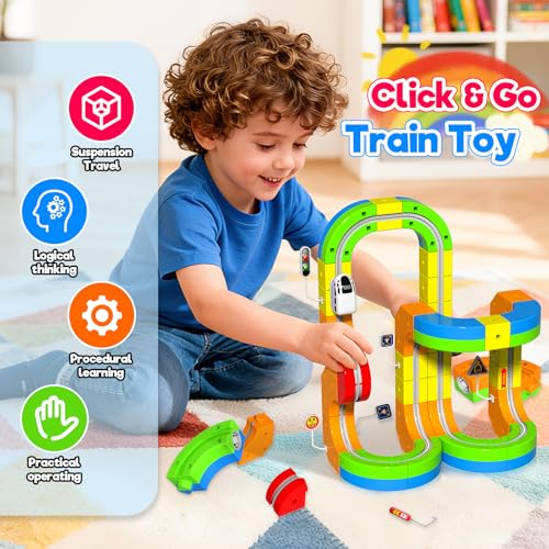 Electric Train Set for Kids, 69Pcs 3D Flexible Race Track Set with Electric Train, Traffic Signs, STEM Train Toy Set for Boys and Girls Aged 3+ Years Old Birthday Gift - color: Yellow - 69pcs