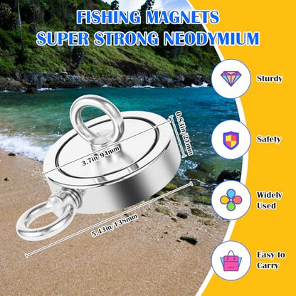 VNDUEEY 1725LBS Magnet Fishing Kit, 3.7" Double Hole Fishing Magnet Kit with Rope, Strong Magnets for Retrieving in River Lake Beach Lawn, Includes 65Ft Rope, Carabiner, Gloves, Grappling Hook, Case - size: 3.7" 1725LBS, style: Double Hole Kit with Case