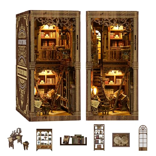 DIY Ancient Library Book Nook Kit, Wooden 3D Puzzle with LED Light, Miniature Bookshelf Model, Cultural Decor for Adults, 411 Pieces (Ancient Library) - style: Ancient Library