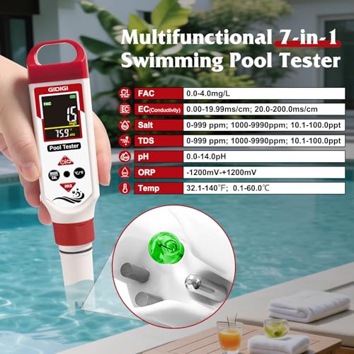 Digital Chlorine Tester for Pool, pH Test kit & Salinity ORP Meter - color: Red