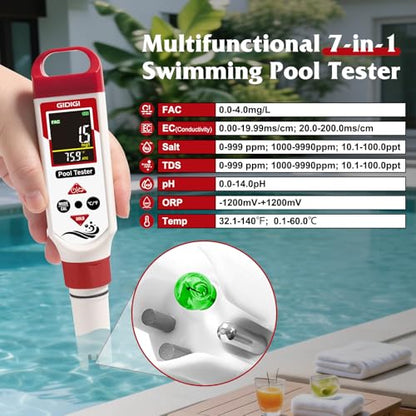 Digital Chlorine Tester for Pool, pH Test kit & Salinity ORP Meter - color: Red