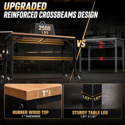 60" Heavy Duty Foldable Workbench with Transformable Wheels Adjustable Height, Rubberwood Table & Carbon Steel Frame with Pegboard, Max Load 2500 LBS for Garage, Woodworking, Office, Home - size: Large