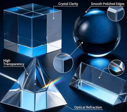 4PCS Crystal Prism Kit, Optical Prisms for Physics Light Refraction Experiments
