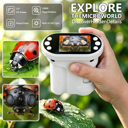 Kids Digital Microscope, 1000X Handheld Pocket Microscope STEM Science Toy - color: white