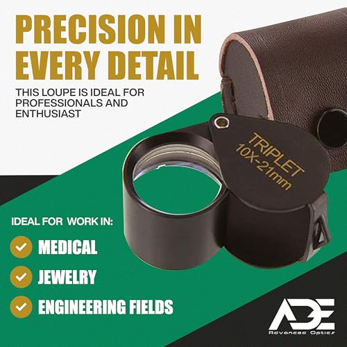 Ade Advanced Optics 10x21TB-A Triplet Professional Loupes – Jewelers Loupe for Jewelry, Coins, Gemstones, Trichomes, Geology, Diamond Inspection, Pocket Magnifier Tool for Watch, Plants, Slides