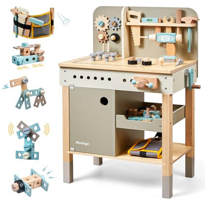medoga Kids Tool Bench,Wooden Play Tools Set with Kids Tool Belt Workbench Pretend Construction Tools Set Wooden Toy Drill Gift for Boys & Girls Age 3-12 - color: Green