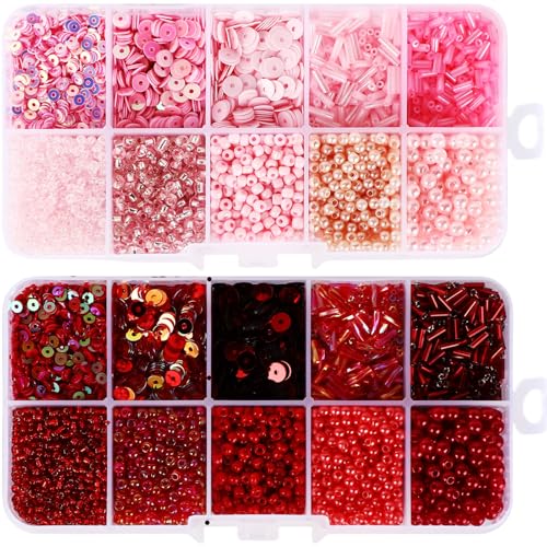 Norme 2 Sets Glass Seed Beads and Loose Sequins Kit Loose Beads for Jewelry Making DIY Crafts Felt Kits Embroidery Bracelets and Necklaces 20 Colors(Pink, Red) - color: Pink, Red