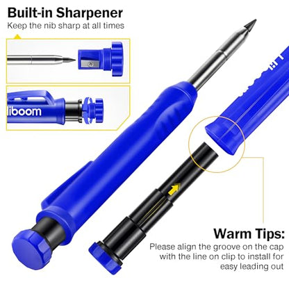 Hiboom Mechanical Carpenter Pencil with 7 Leads, Deep Hole Marker, Blue - color: Blue