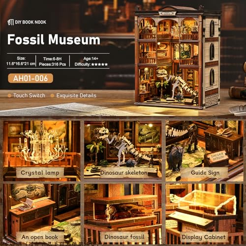 Dinosaur Museum Book Nook Kit - 3D Wooden Puzzle & DIY Miniature Dollhouse with LED Warm Light | Vintage Bookshelf Insert & Sturdy Bookends | Premium Creative Gift for Adults& Book Lovers - style: Dinosaur Museum