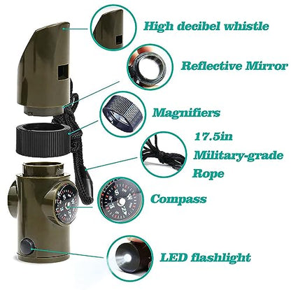 Outdoor Survival Whistle, high-Decibel, with Built-in Compass, Survival Reflector, and LED Flashlight with Lanyard—the Perfect Essential Gear for Outdoor Camping and Exploration.