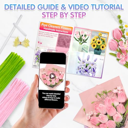 LINAYE 500 PCS Pipe Cleaners Craft, 6 Colors Pipe Cleaners Flowers Kit, Chenille Stems for Crafts with Instruction Wrapping Paper, Flower Stamens, Stems Art and Craft Supplies Pink (12inch x 6mm) - color: Pink