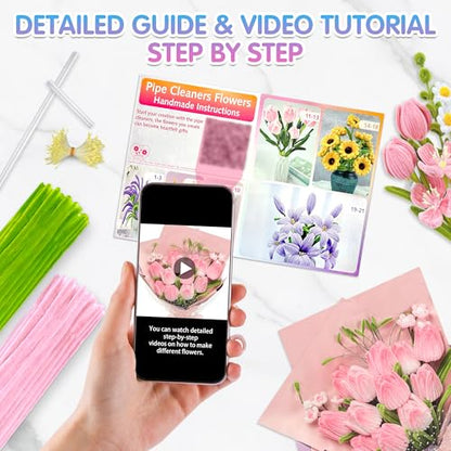 LINAYE 500 PCS Pipe Cleaners Craft, 6 Colors Pipe Cleaners Flowers Kit, Chenille Stems for Crafts with Instruction Wrapping Paper, Flower Stamens, Stems Art and Craft Supplies Pink (12inch x 6mm) - color: Pink