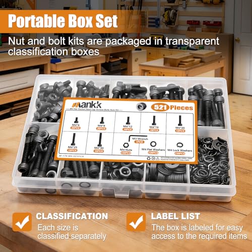 mankk 521PCS M4 Bolts Assortment Kit, Hex Socket Head Cap Hardware - size: M4, style: Hex Socket Cap