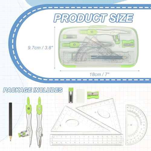 PATIKIL Geometry Precision Tool Set, 11 Pcs Geometry Set Compass Tool with Shatterproof Storage Box Rulers Math Compass Kit for Math Drafting Supplies, Grass Green(Style 1) - color: Grass Green