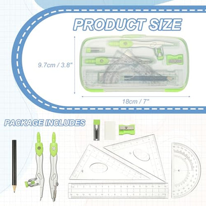 PATIKIL Geometry Precision Tool Set, 11 Pcs Geometry Set Compass Tool with Shatterproof Storage Box Rulers Math Compass Kit for Math Drafting Supplies, Grass Green(Style 1) - color: Grass Green