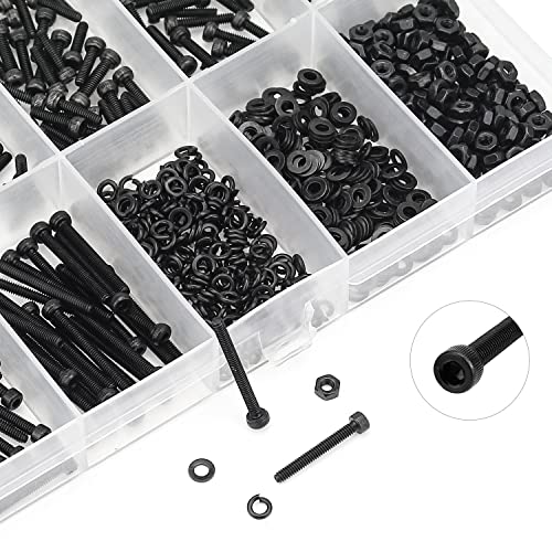 HELIFOUNER 560 Pieces M2.5 x 4mm /6mm /8mm /10mm /12mm /16mm /20mm, Hex Socket Head Cap Screws Bolts Washers Nuts Kit, 12.9 Grade Alloy Steel, Full Threaded, Black - size: M2.5, style: Socket Head