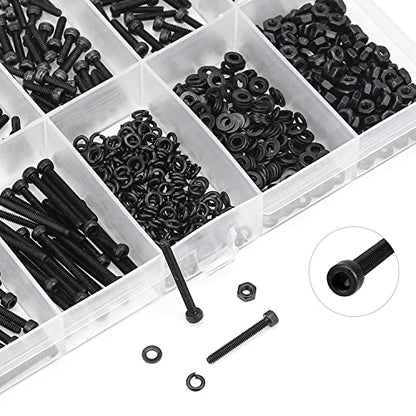 HELIFOUNER 560 Pieces M2.5 x 4mm /6mm /8mm /10mm /12mm /16mm /20mm, Hex Socket Head Cap Screws Bolts Washers Nuts Kit, 12.9 Grade Alloy Steel, Full Threaded, Black - size: M2.5, style: Socket Head