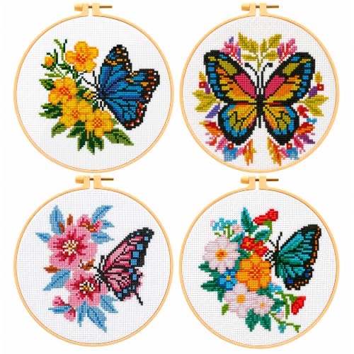 Zhenqing 4 Pack Butterfly Stamped Cross Stitch Kit for Beginners - color: 4 Pack Butterfly