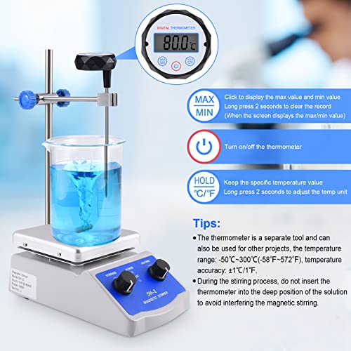 Slendor Magnetic Stirrer SH-2 Hot Plate Mixer Max 520℉ Lab Hotplate Stirrer 2000 RPM Stir Plate with Thermometer, Stir Bar and Support Stand