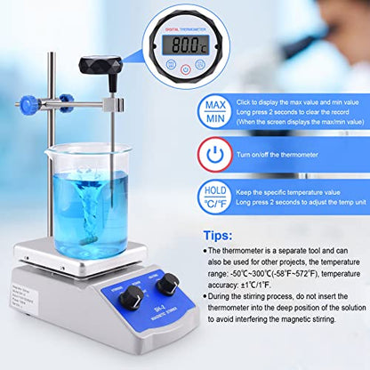 Slendor Magnetic Stirrer SH-2 Hot Plate Mixer Max 520℉ Lab Hotplate Stirrer 2000 RPM Stir Plate with Thermometer, Stir Bar and Support Stand