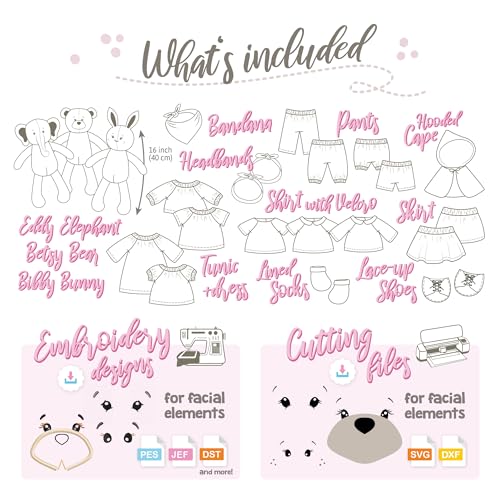 kullaloo Dress Me Bestie - Stuffed Animal Sewing Patterns for Bunny, Bear & Elephant Kids Companions with Removable Outfits | Paper Pattern, QR Video Tutorials, PES & SVG Files | Designed in Canada - color: Dress Me Besties Bear, Bunny & Elephant with Clo