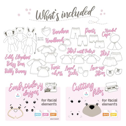 kullaloo Dress Me Bestie - Stuffed Animal Sewing Patterns for Bunny, Bear & Elephant Kids Companions with Removable Outfits | Paper Pattern, QR Video Tutorials, PES & SVG Files | Designed in Canada - color: Dress Me Besties Bear, Bunny & Elephant with Clo