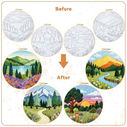 BEUNITONE 4 Set Forest Pattern Embroidery Kit for Adult Beginners Scenery Pre-Printed Designs Cross Stitch Kits, Needlepoint Kits for Adults, Handmade Embroidery for Home Decor 20x20cm - style: C-Forest Scenery