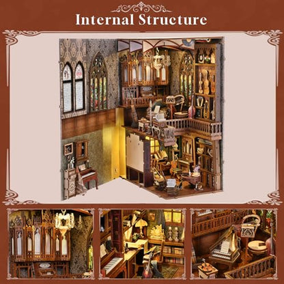 fifijoy Book Nook Kit Music, DIY Miniature House Kit Book Nook, 3D Wooden Puzzle Bookshelf Insert Diorama Kit with Led Light for Teens and Adults (Timeless Melody) - color: Timeless Melody