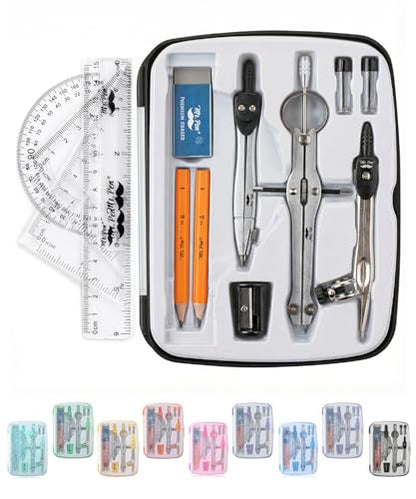Mr. Pen- Geometry Set, 13 pcs, 3 Metal Compasses, Protractor, 6" Ruler - color: Black